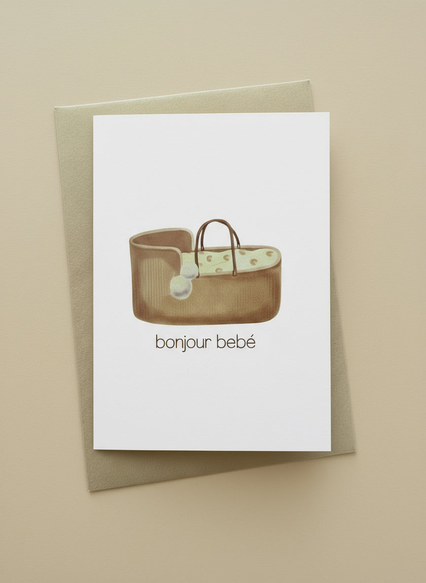 Petite carte "Bonjour Bébé" couffin