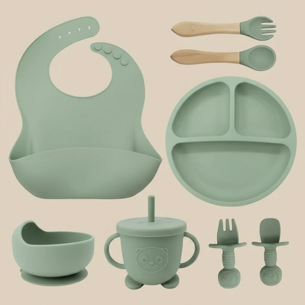 Coffret Repas Bébé en Silicone Alimentaire 8 pièces : Kaki