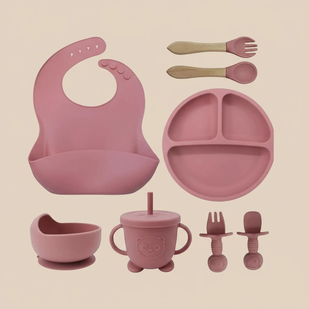 Coffret Repas Bébé en Silicone Alimentaire 8 pièces : Vieux Rose