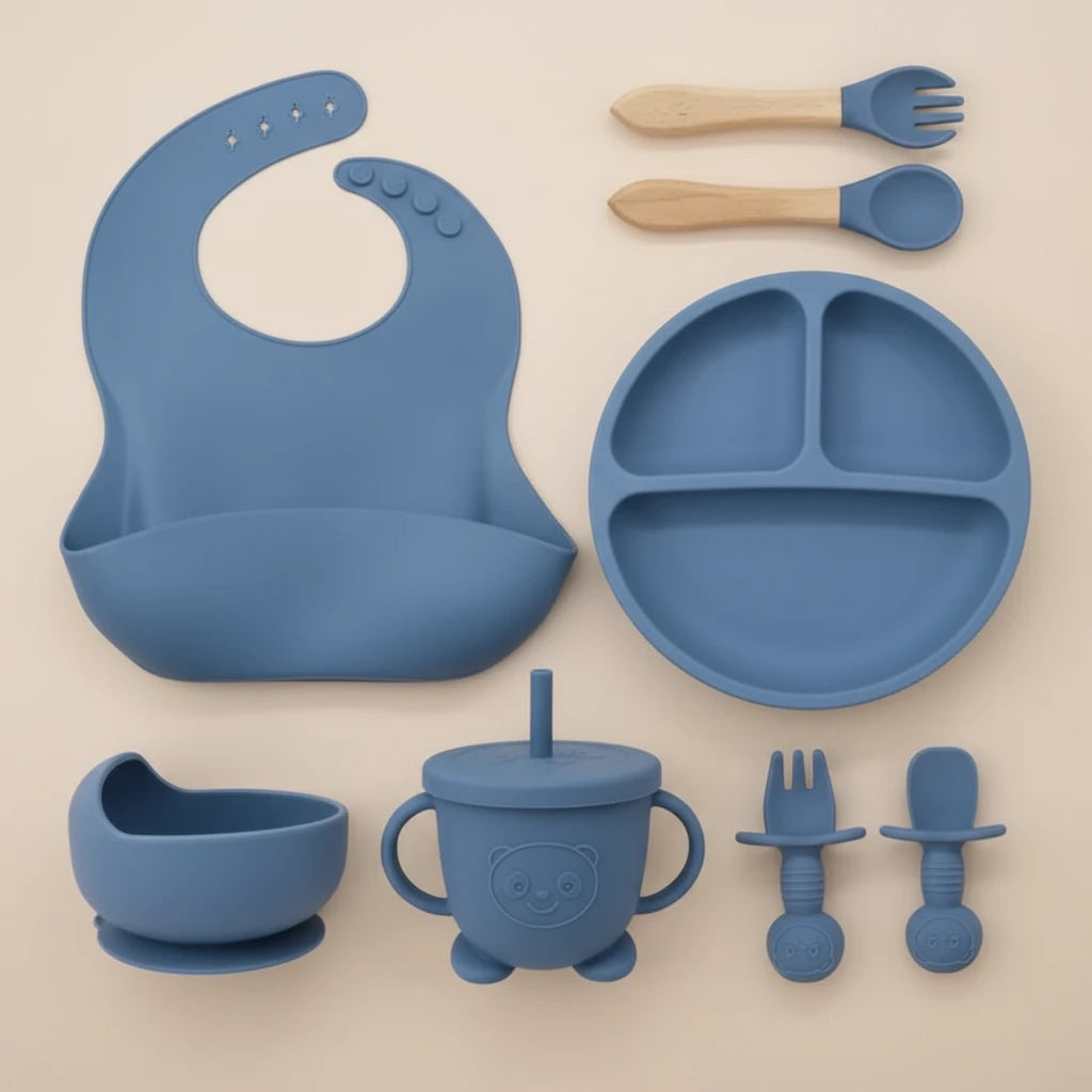 Coffret Repas Bébé en Silicone Alimentaire 8 pièces : Bleu Marine