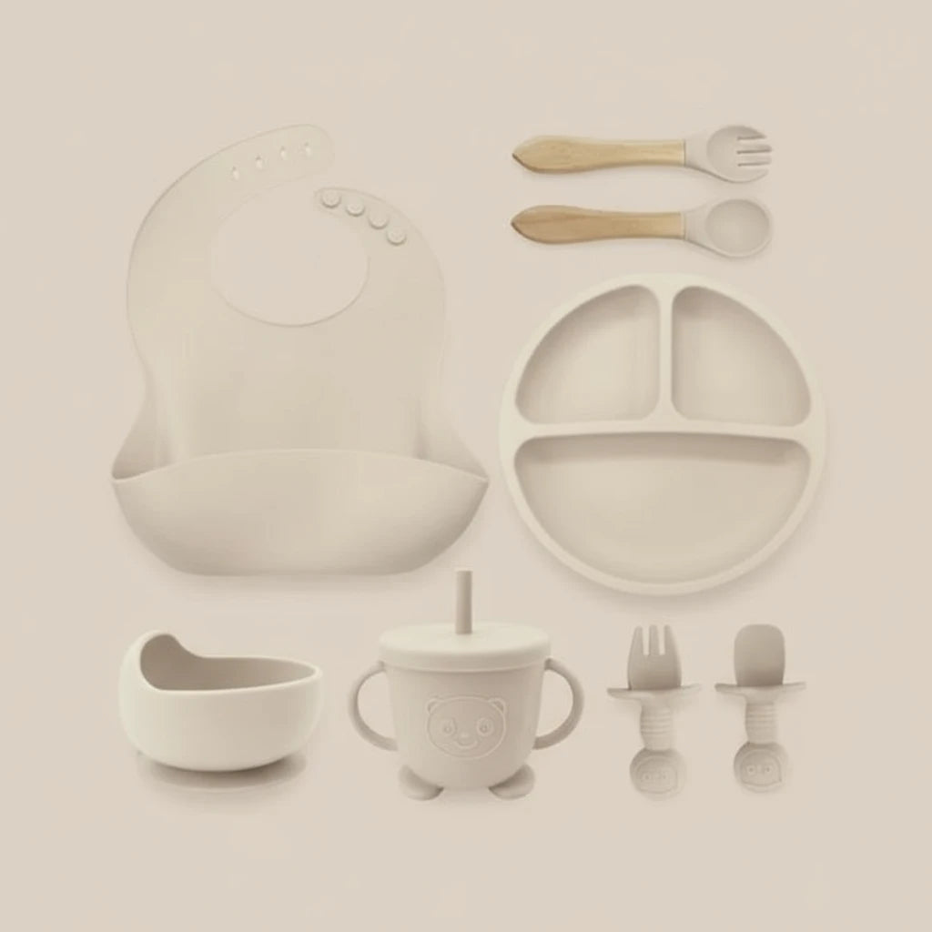 Coffret Repas Bébé en Silicone Alimentaire 8 pièces : Beige
