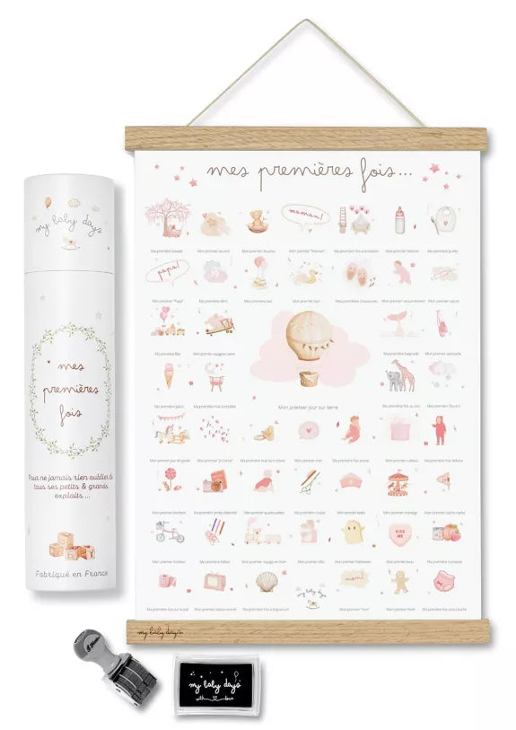 Coffret complet Mes Premières Fois - Affiche 'Bébé Rose' (Affiche + Tampon + Encrier + Porte-Affiche + Tube Cadeau)