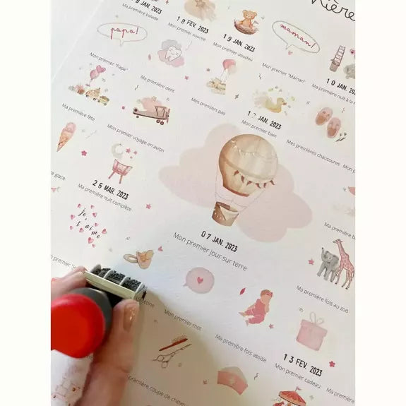 Coffret complet Mes Premières Fois - Affiche 'Bébé Rose' (Affiche + Tampon + Encrier + Porte-Affiche + Tube Cadeau)