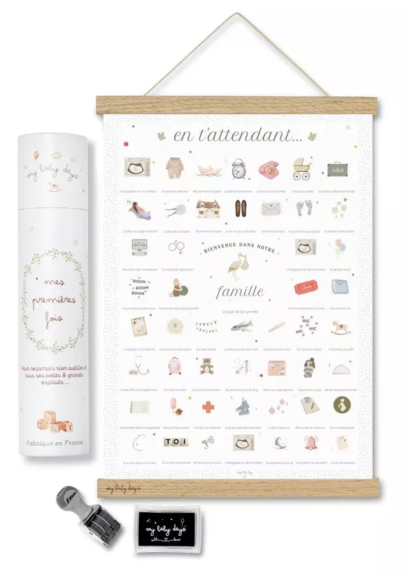 Coffret complet Grossesse - Affiche 'En t'attendant' (Affiche + Tampon + Encrier + Porte-Affiche + Tube Cadeau)