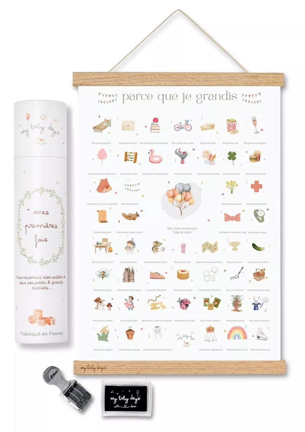 Coffret complet Mes Premières Fois - Affiche 'Je Grandis' (Affiche + Tampon + Encrier + Porte-Affiche + Tube Cadeau)
