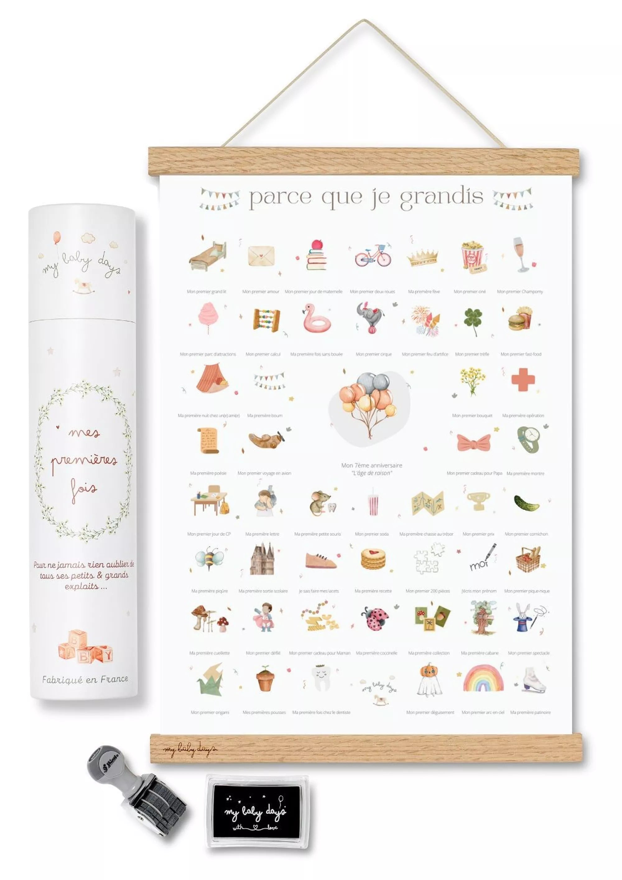 Coffret complet Mes Premières Fois - Affiche 'Je Grandis' (Affiche + Tampon + Encrier + Porte-Affiche + Tube Cadeau)