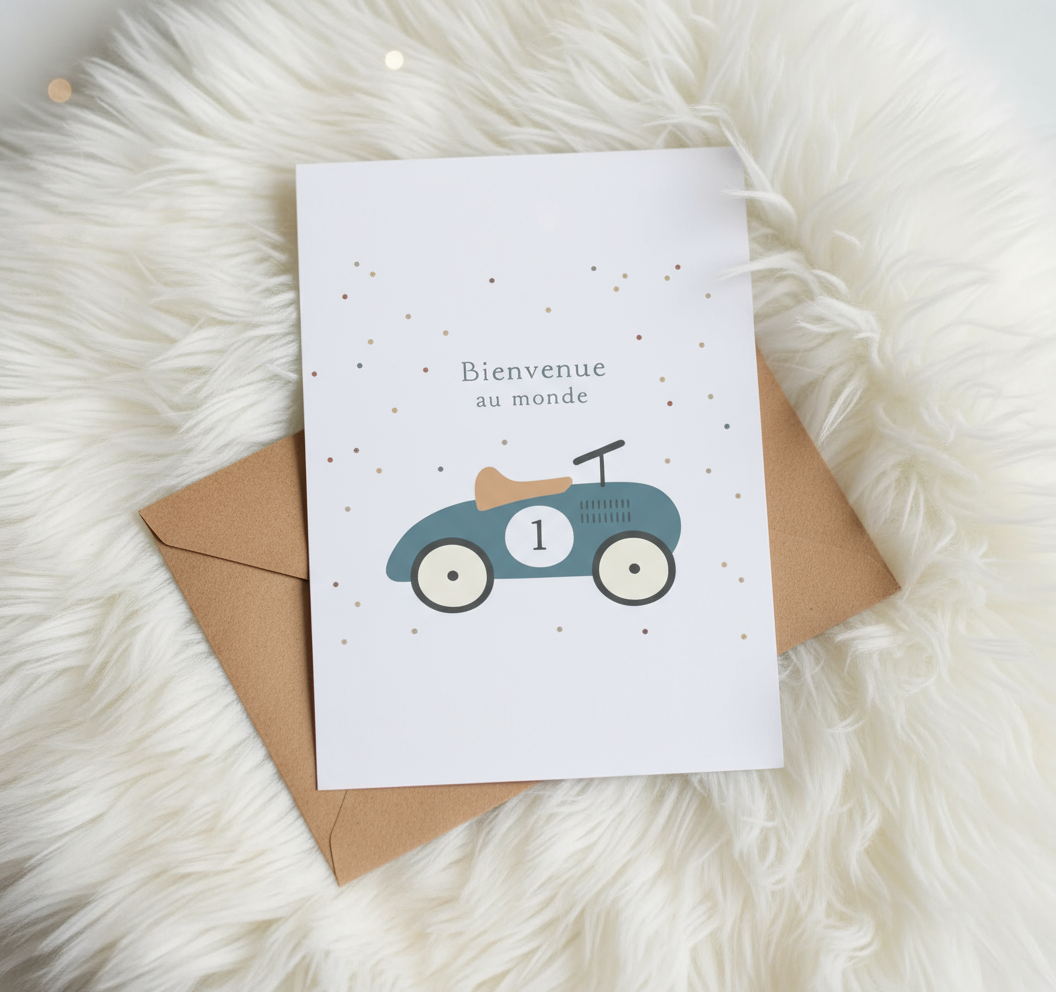 Carte « Bienvenue » voiture avec enveloppe kraft