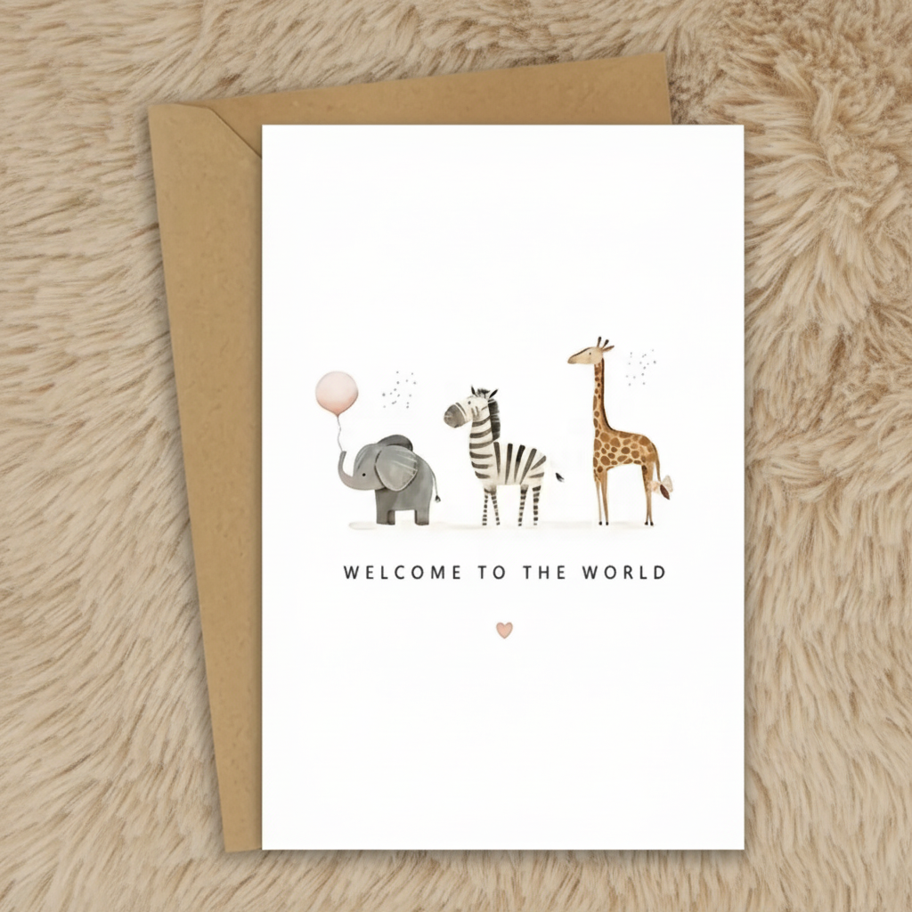 Carte « Bienvenue » animal avec enveloppe kraft