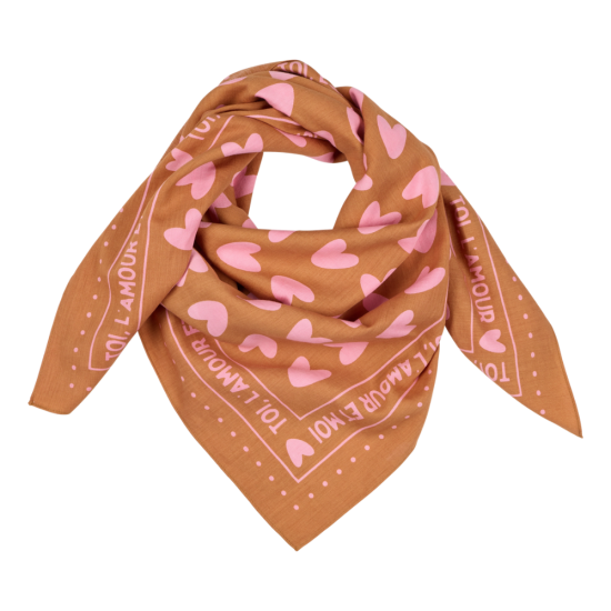 FOULARD COEURS 55CM Marron/ Rose